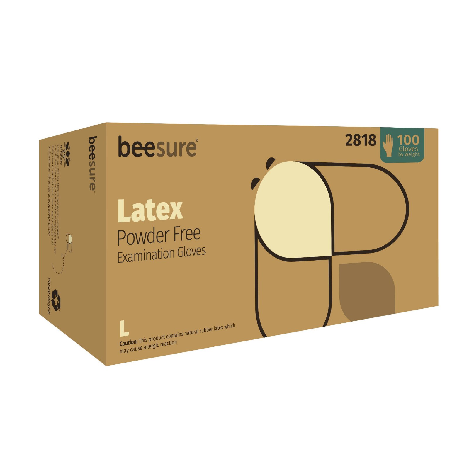 BeeSure Latex Powder-Free Exam Gloves, Large, Natural, 100/Box thumbnail 4