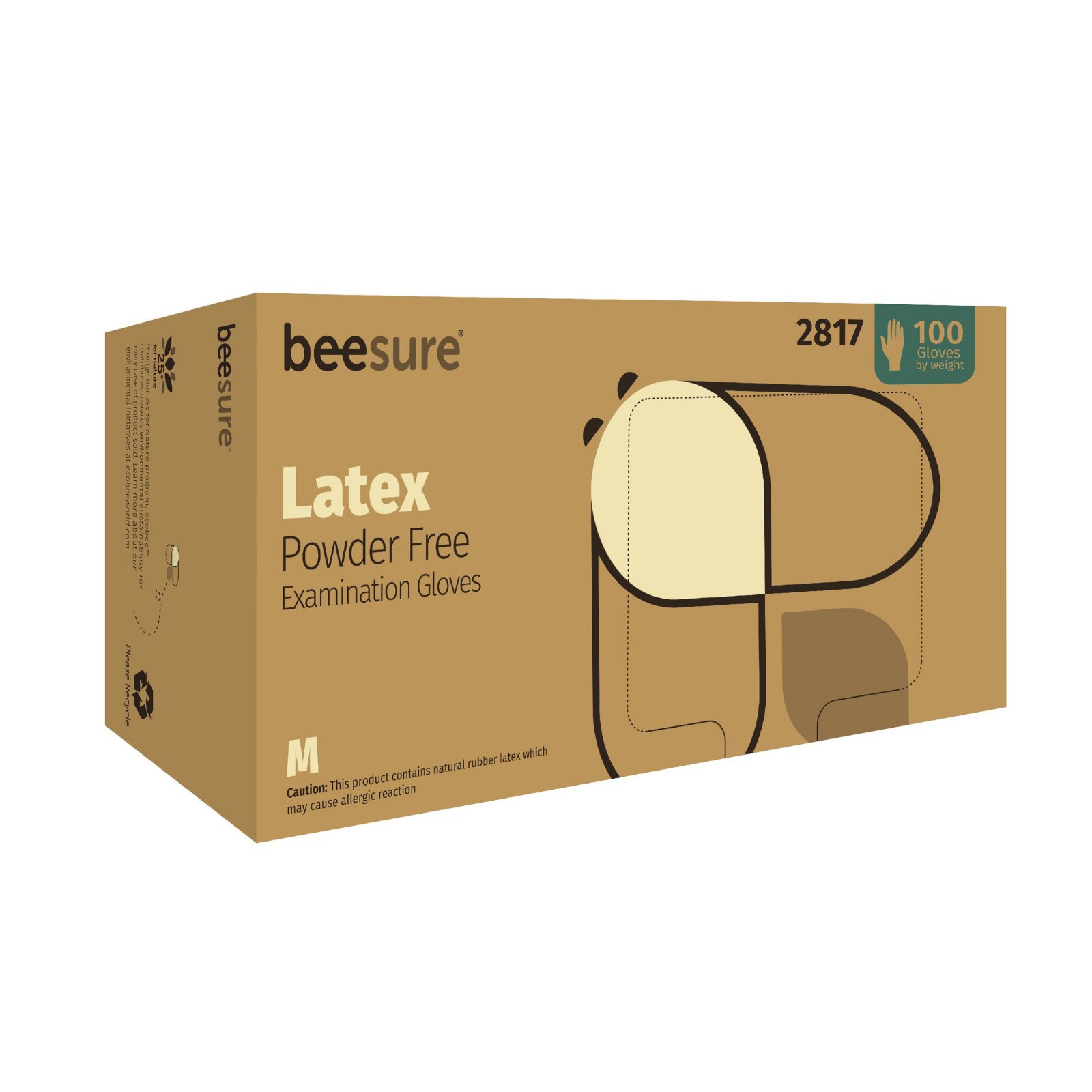 BeeSure Latex Powder-Free Exam Gloves, Medium, Natural, 100/Box thumbnail 2