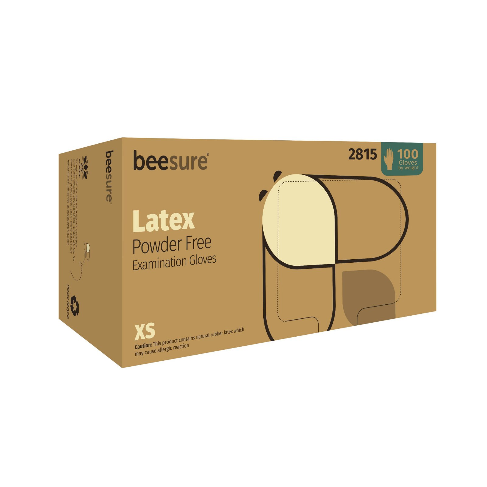 BeeSure Latex Powder-Free Exam Gloves, Extra Small, Natural, 100/Box thumbnail 2