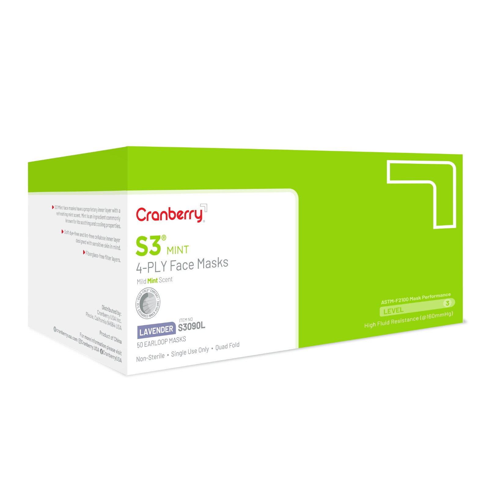 Cranberry S3 Mint Premium Face Mask 50/Box Lavender ASTM Level 2 thumbnail 9