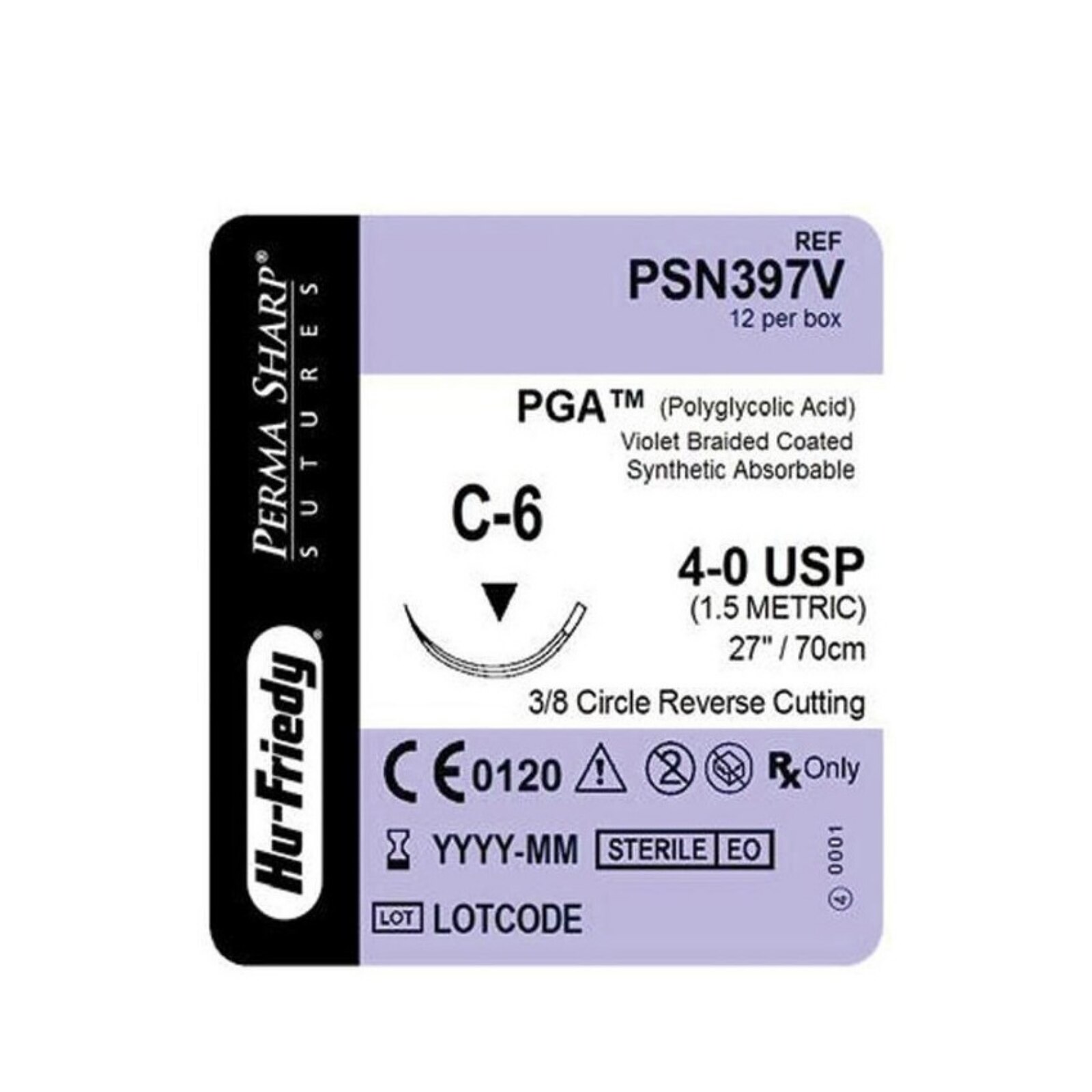 Perma Sharp Suture, Violet-Dyed Braided PGA, Absorbable, C-6, 4-0, 27", 12/Pk, PSN397V product image
