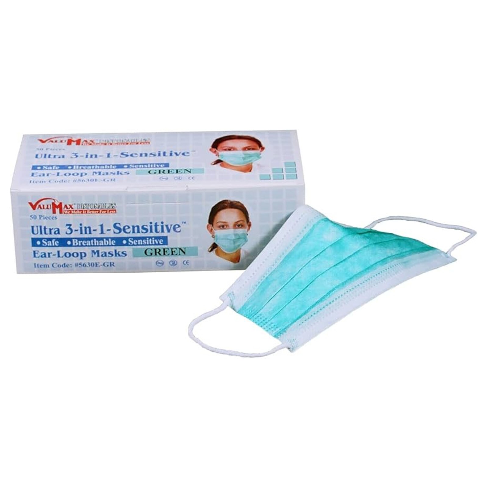 Ultra 3-in-1™ Procedural Green Pleated Ear Loop Face Mask ASTM Filtration Level 3 Box of 50 thumbnail 3