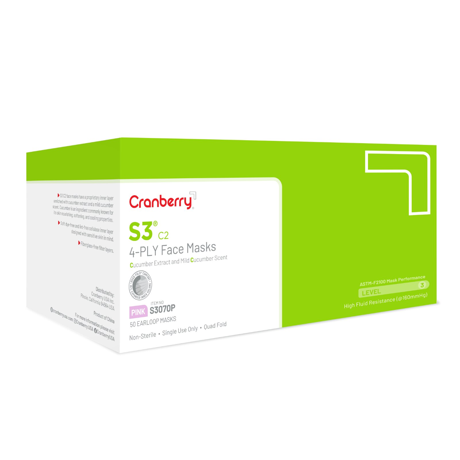 Cranberry S3 C2 Face Masks Pink 50/Bx ASTM Level 2, S3070P product image