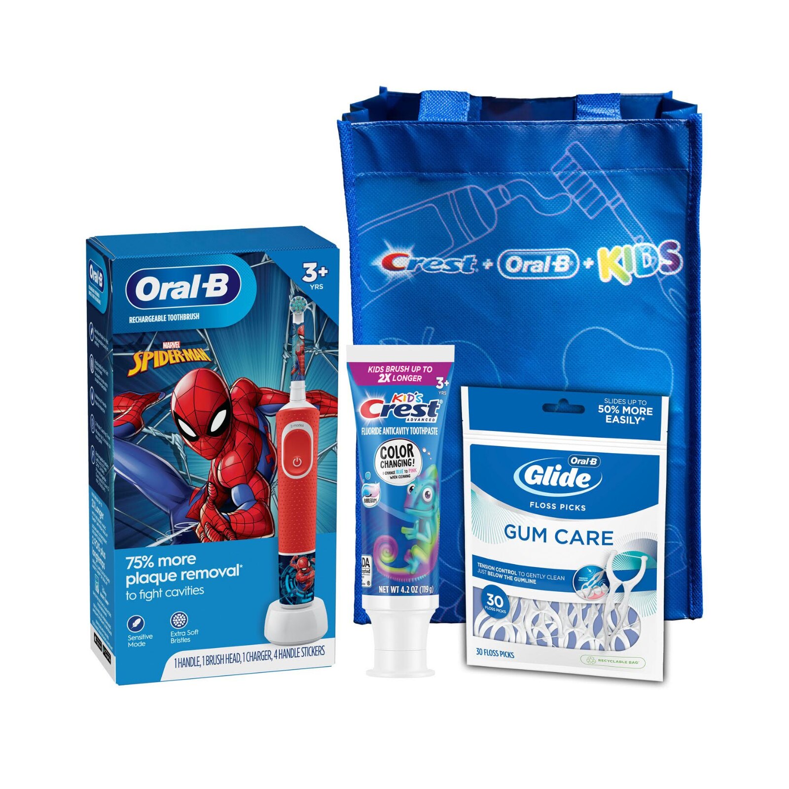 P&G - Oral-B Electric Toothbrush & Brush Head (Spiderman); Kid's Crest Advanced Color Changing Toothpaste, Bubble Gum (4.2 oz); Oral-B Glide Gum Care Floss Picks (30 ct), FREE Kids Bag, 3/cs (Old #s 80347217, 83529417) thumbnail 4