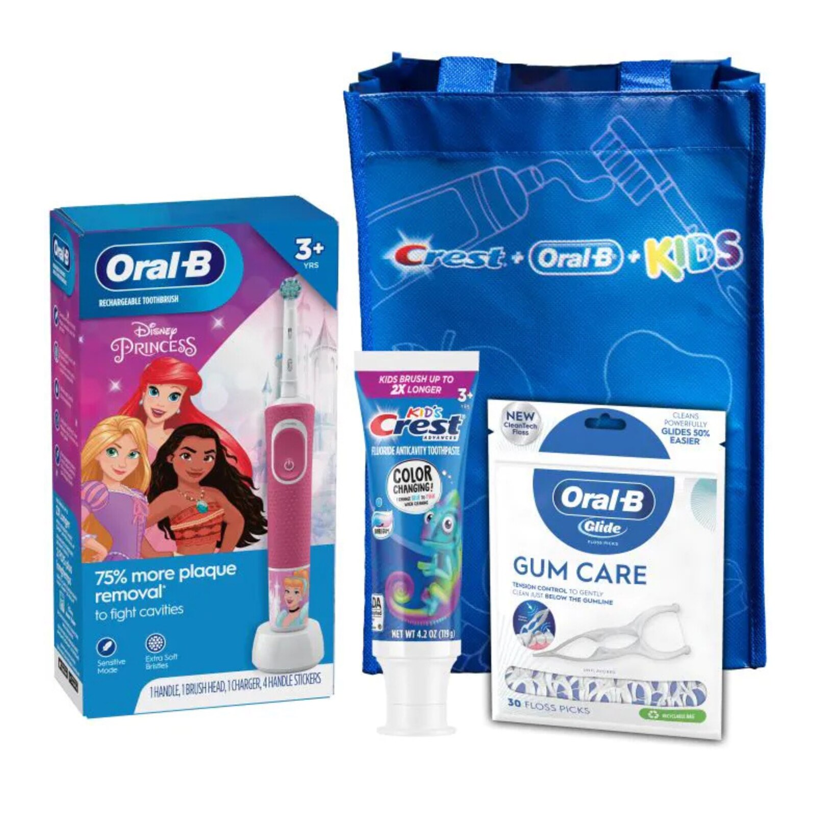 P&G - Oral-B Electric Toothbrush & Brush Head (Disney Princess Moana); Kid's Crest Advanced Color Changing Toothpaste, Bubble Gum (4.2 oz); Oral-B Glide Gum Care Floss Picks (30 ct); FREE Kids Bag. 3/cs (Old #s 80347216, 83529416) thumbnail 2