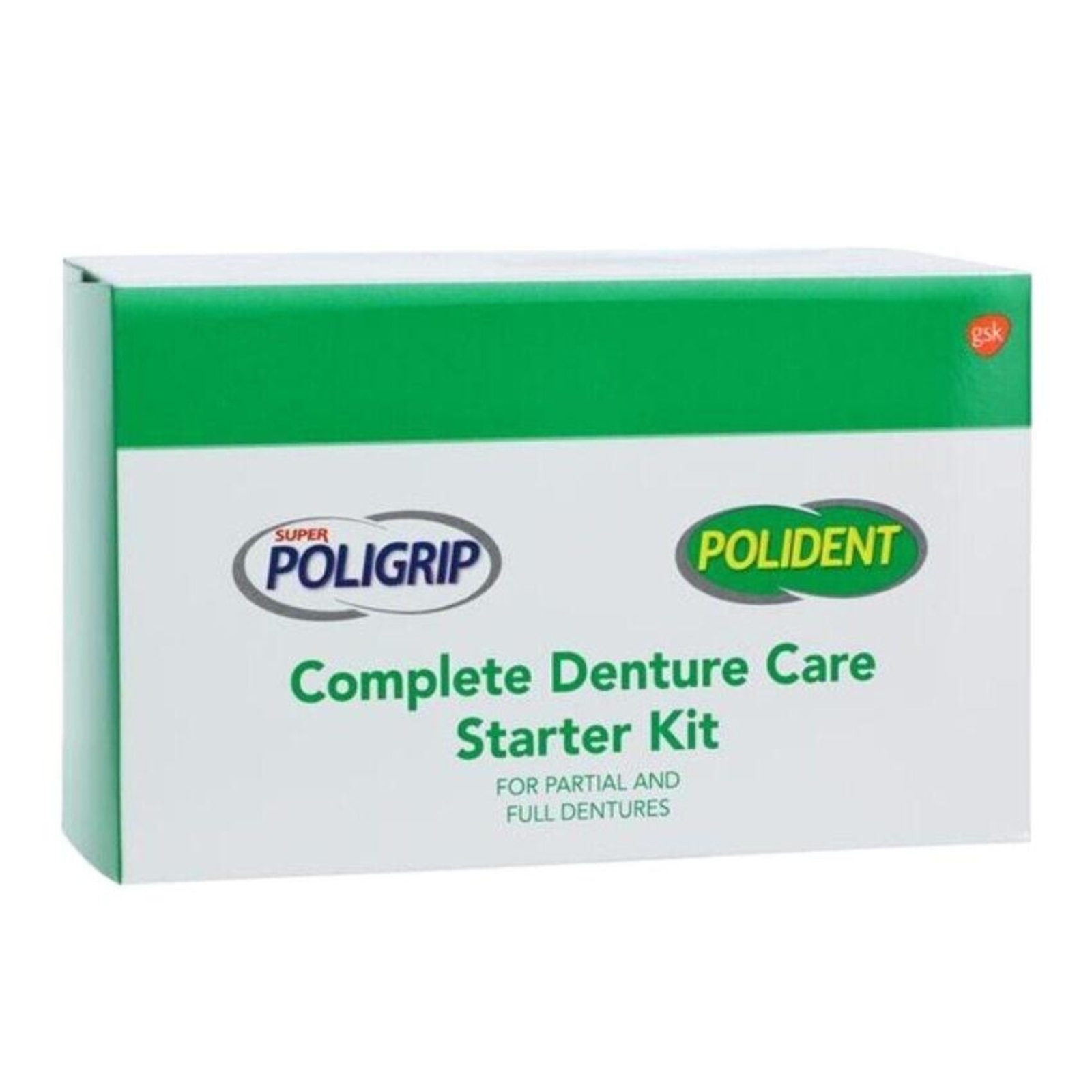 Complete Care Starter Kit includes Poligrip Power Max Hold + Seal (0.3 oz. tube), Polident 3 Minute Denture Cleanser Tablets (6ct), Polident Denture Brush, and Product Information Card, 12/cs product image