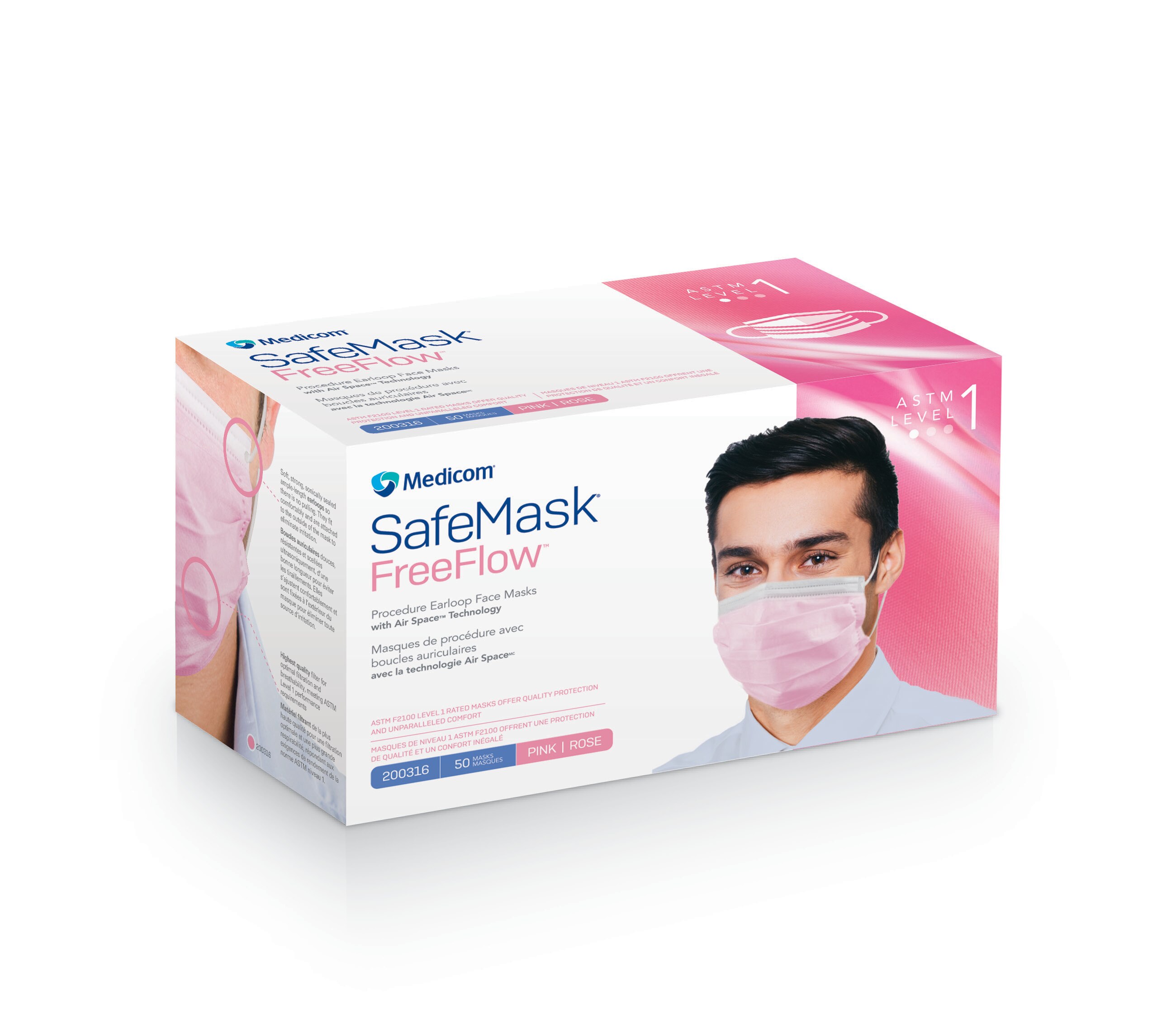 SafeMask FreeFlow Level-1 Masks 50/Bx Pink product image