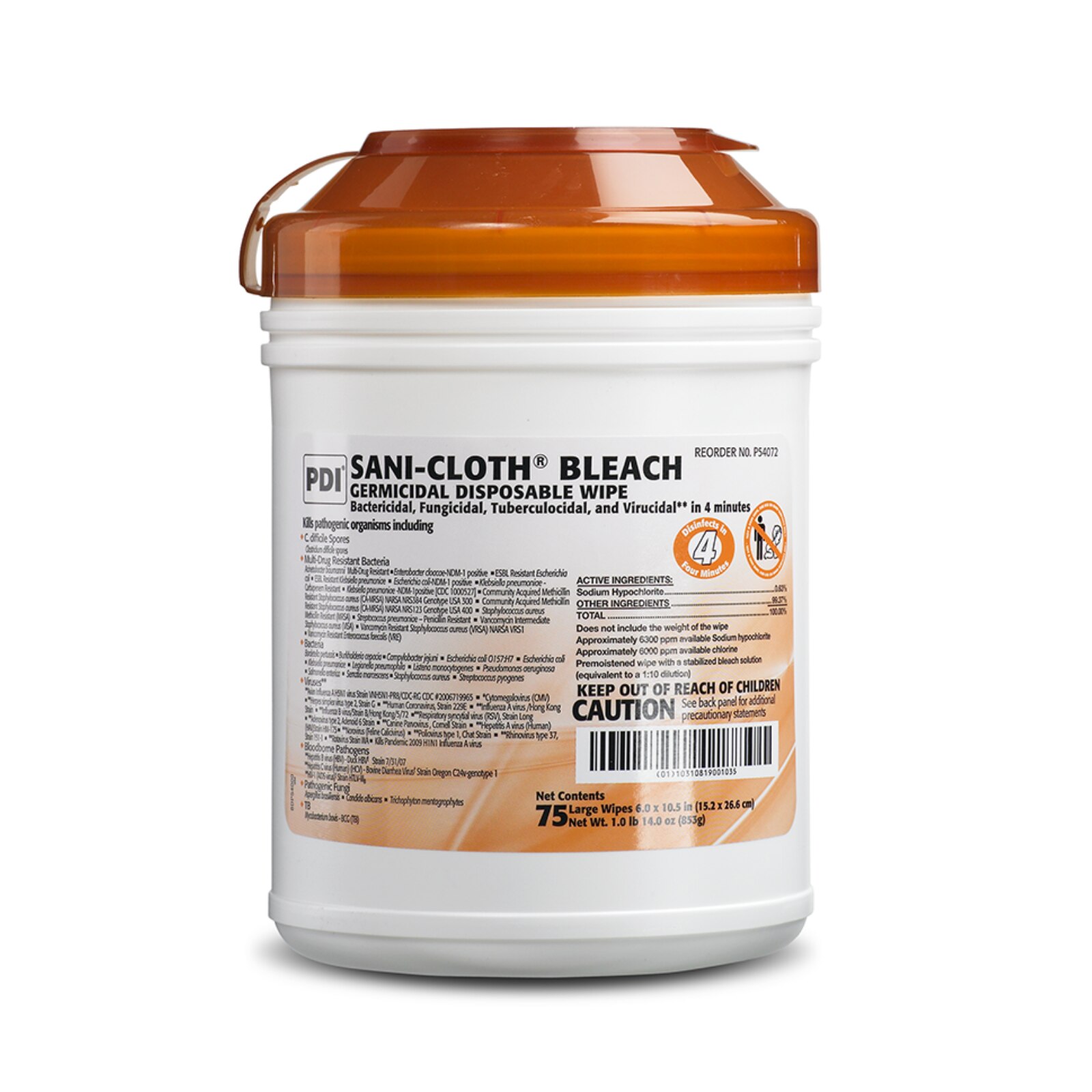 Sani-Cloth Bleach Germicidal Wipes 6"x10.5" 75/Can x 12/Cs product image