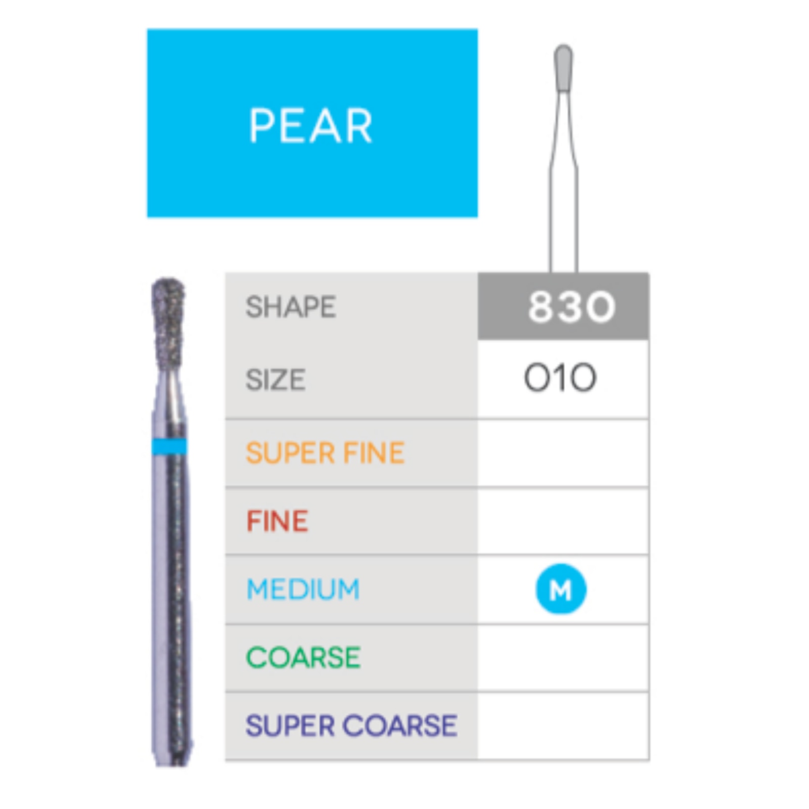 Piranha Diamond Single-Use Burs, FG, Pear, # 830-010, 1.0 mm, Medium, Blue, 25/Pk, 830-010M product image