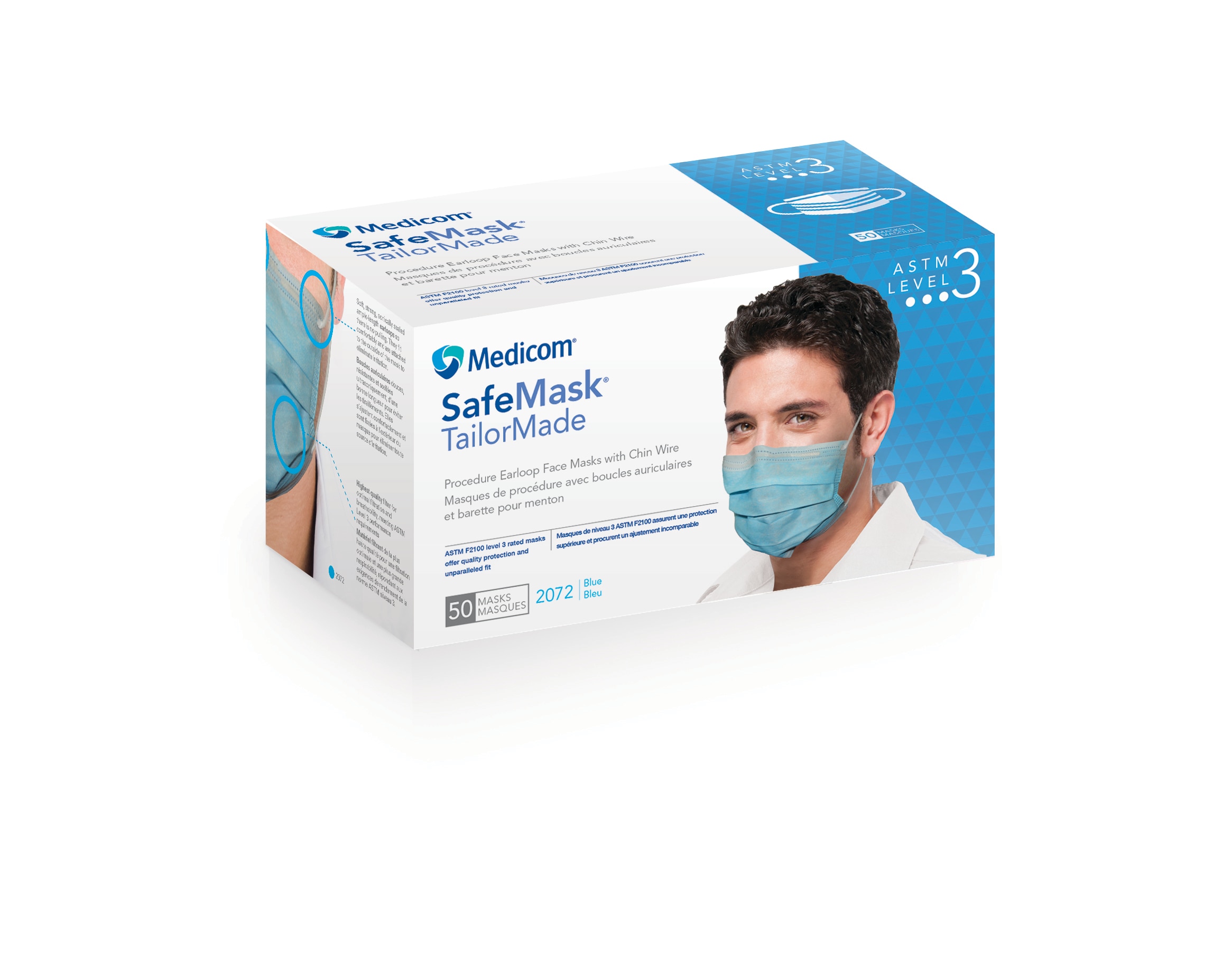 SafeMask TailorMade Procedure Mask with Chin Wire, ASTM Level 3, Blue, 50/Box, 2072 product image
