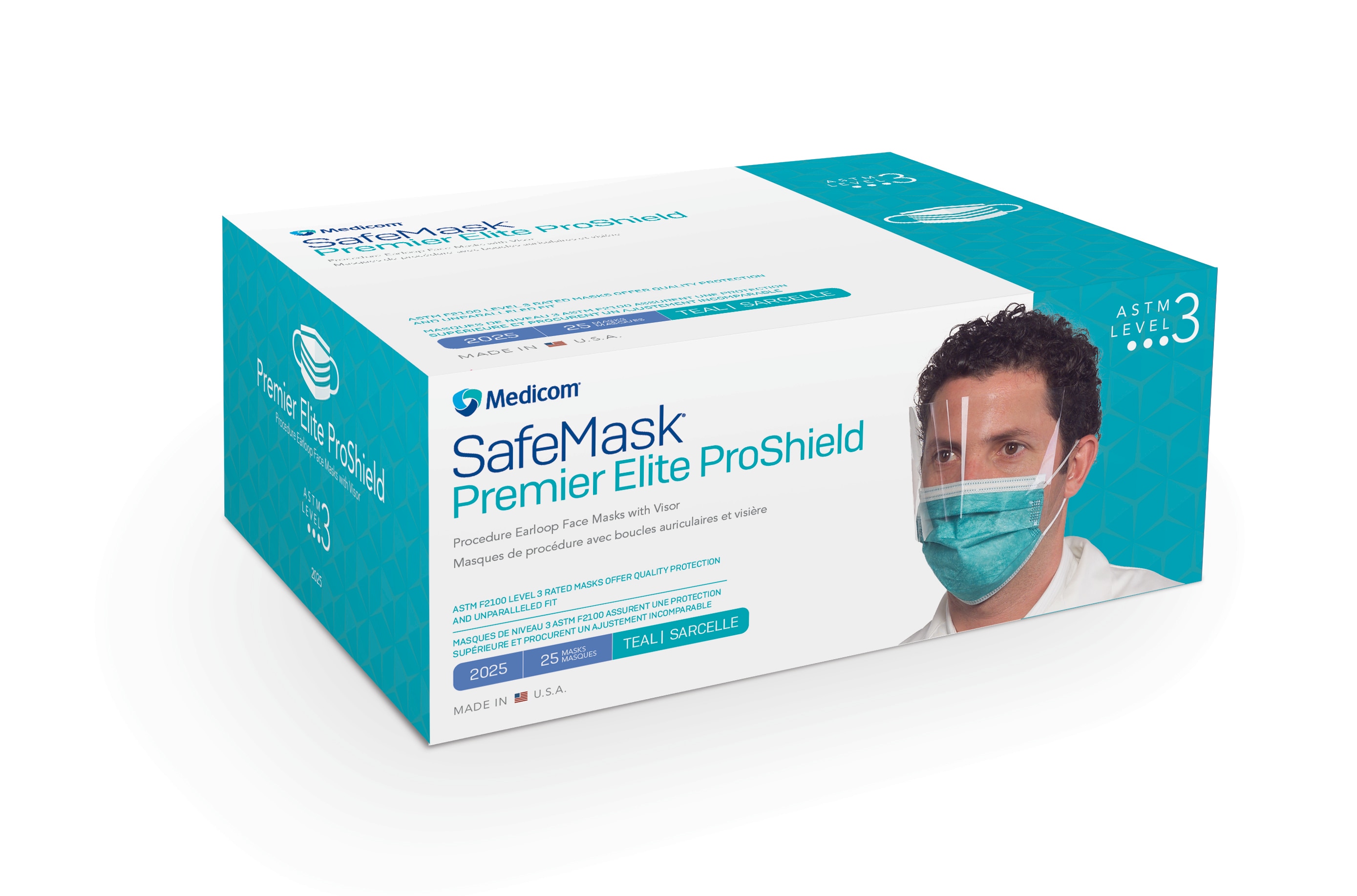 SafeMask Premier Elite ProShield Procedure Earloop Face Mask, with Visor, ASTM Level 3, Teal, 25/Box, 2025 thumbnail 6