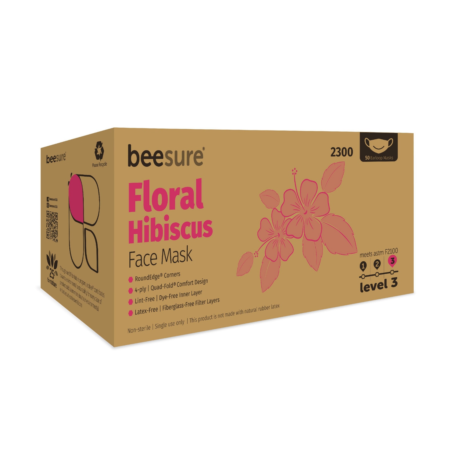 BeeSure Earloop Masks Hibiscus Floral Pink 50/Bx ASTM 3 thumbnail 2