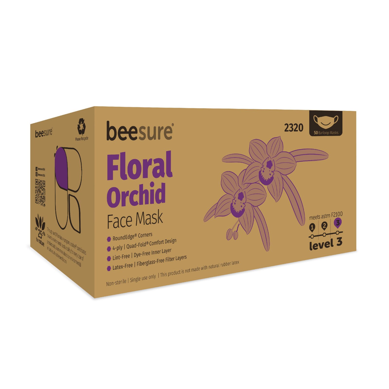 BeeSure Earloop Masks Orchid Floral Lavender 50/Bx ASTM Level 3 thumbnail 2