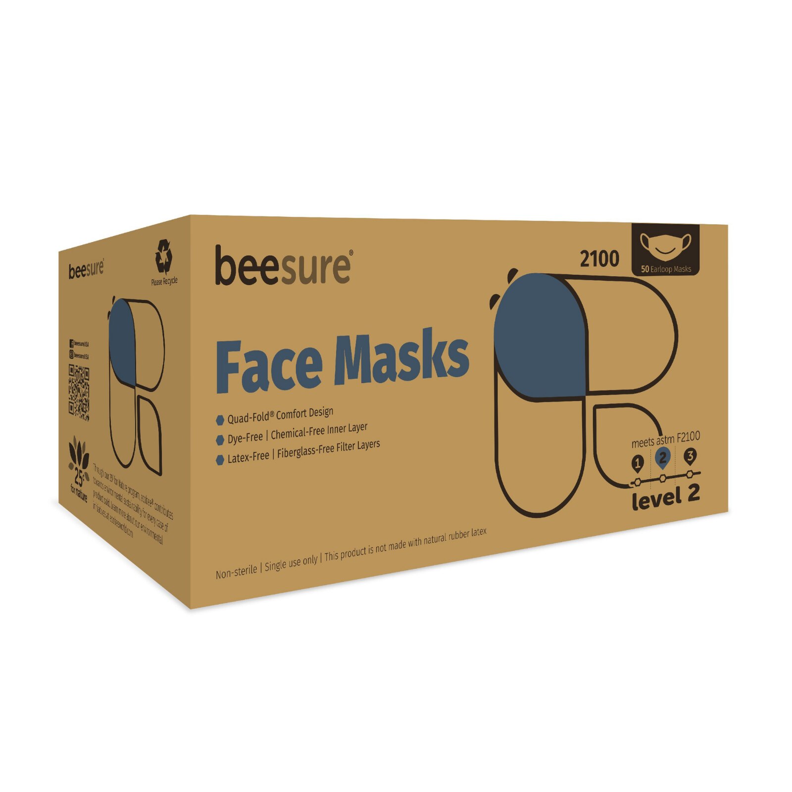 BeeSure Earloop Masks, ASTM Level 2, Blue, 50/Pk, 2100B thumbnail 2